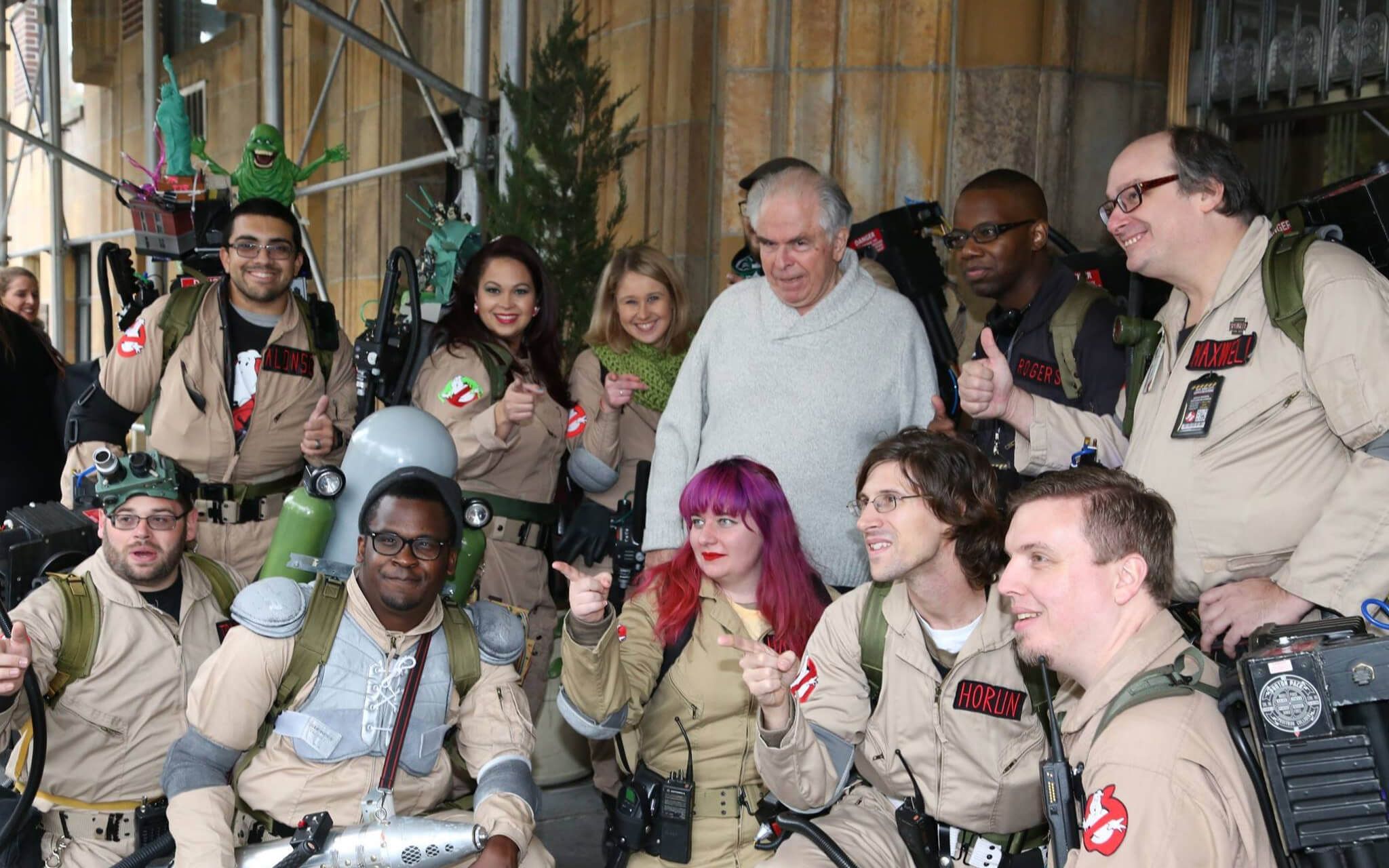 NYC Ghostbusters taking a picture at 55 Central Park West with Ghostbusters Dean Yager, Jordan Charney.