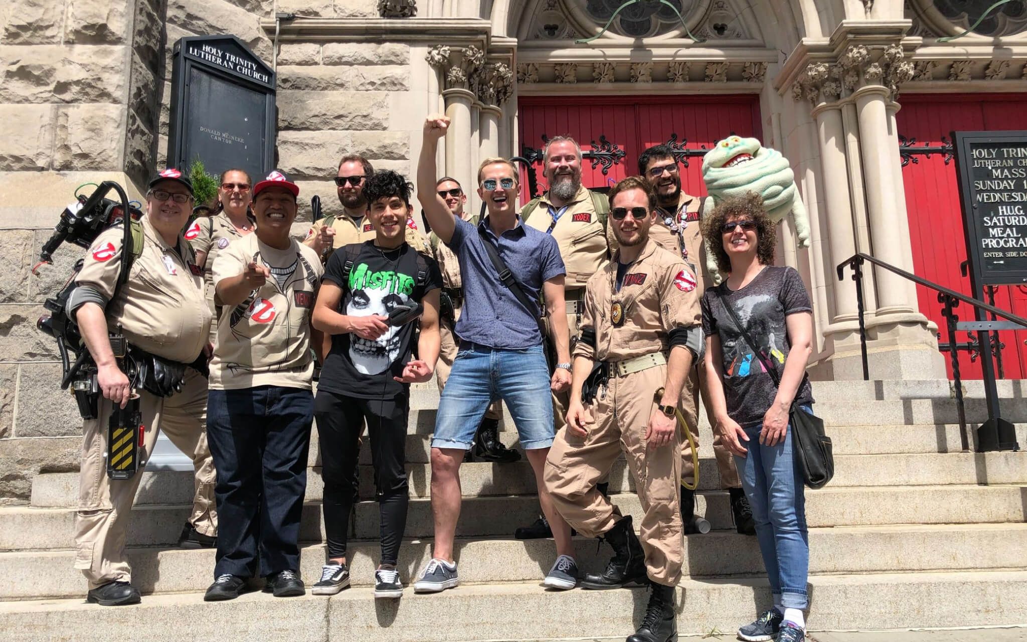 NYC Ghostbusters on their annual film location tour for Ghostbusters Day with a surprise visit from Ghostbusters extra Eldo Ray Estes.